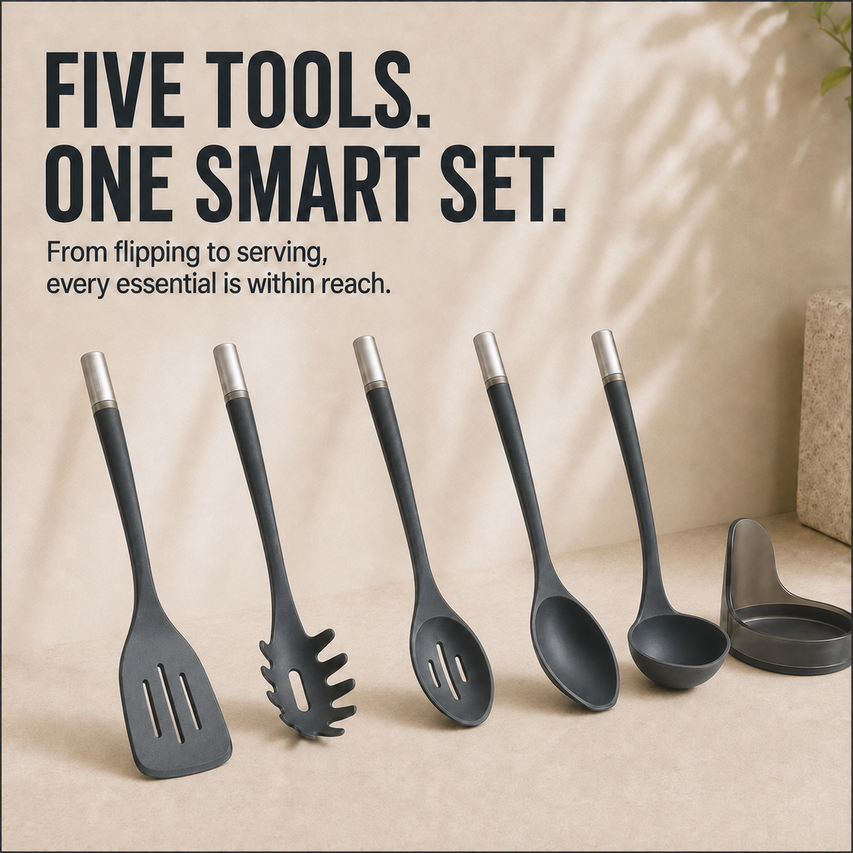 🍳 5-Piece Magnetic Nesting Kitchen Utensil Set with Storage Stand