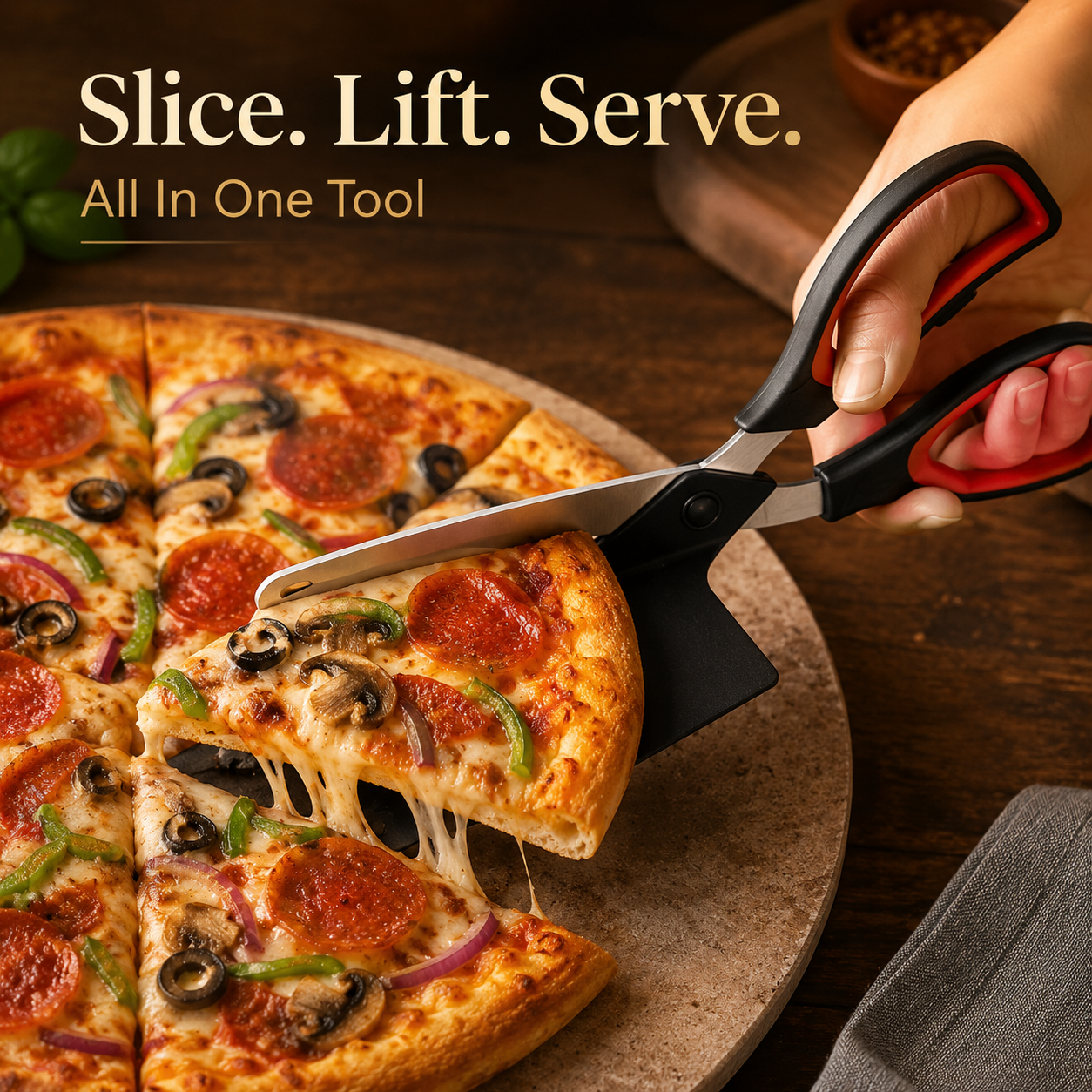 🍕 Pizza Scissors – 2-in-1 Pizza Cutter & Server for Easy Slice & Serve