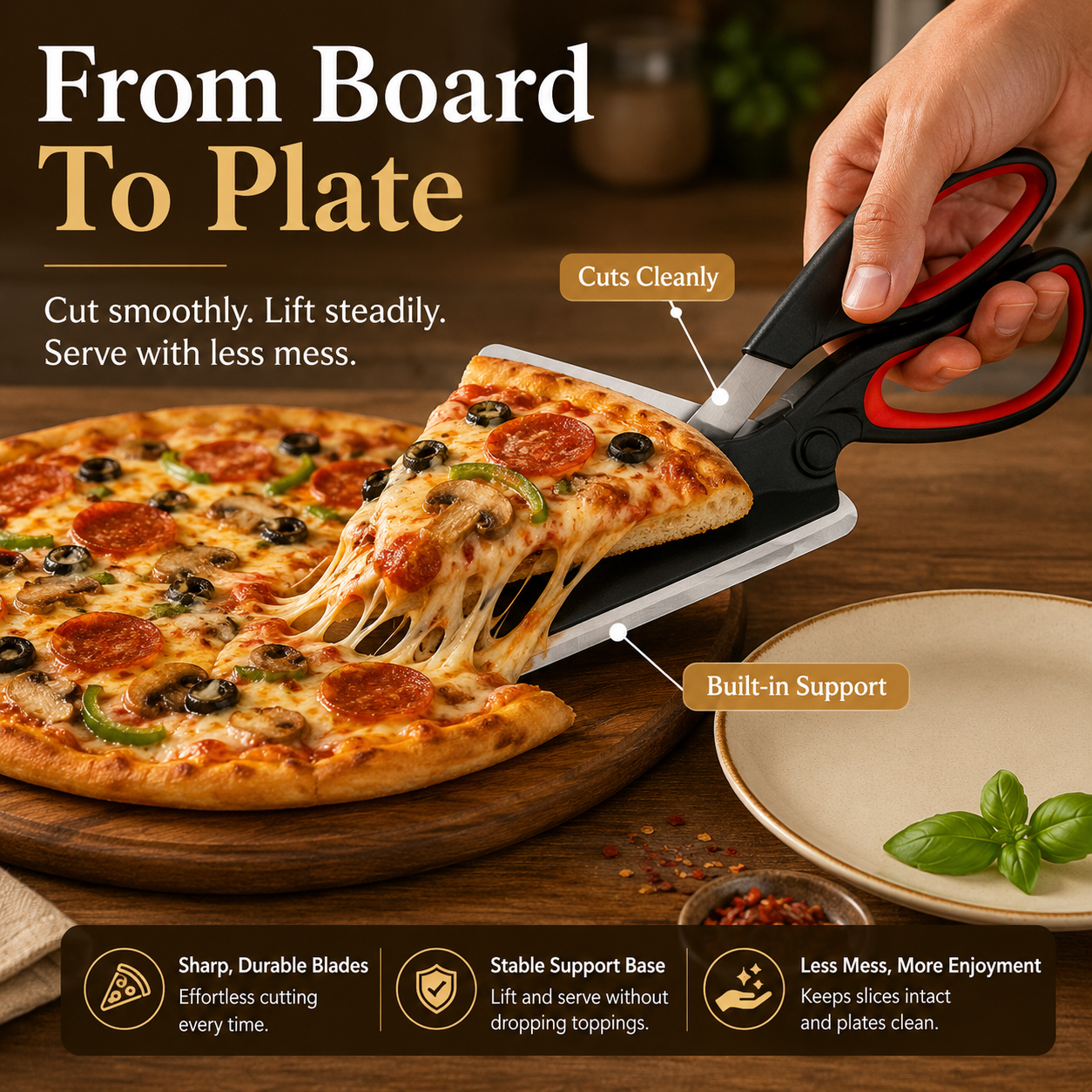 🍕 Pizza Scissors – 2-in-1 Pizza Cutter & Server for Easy Slice & Serve