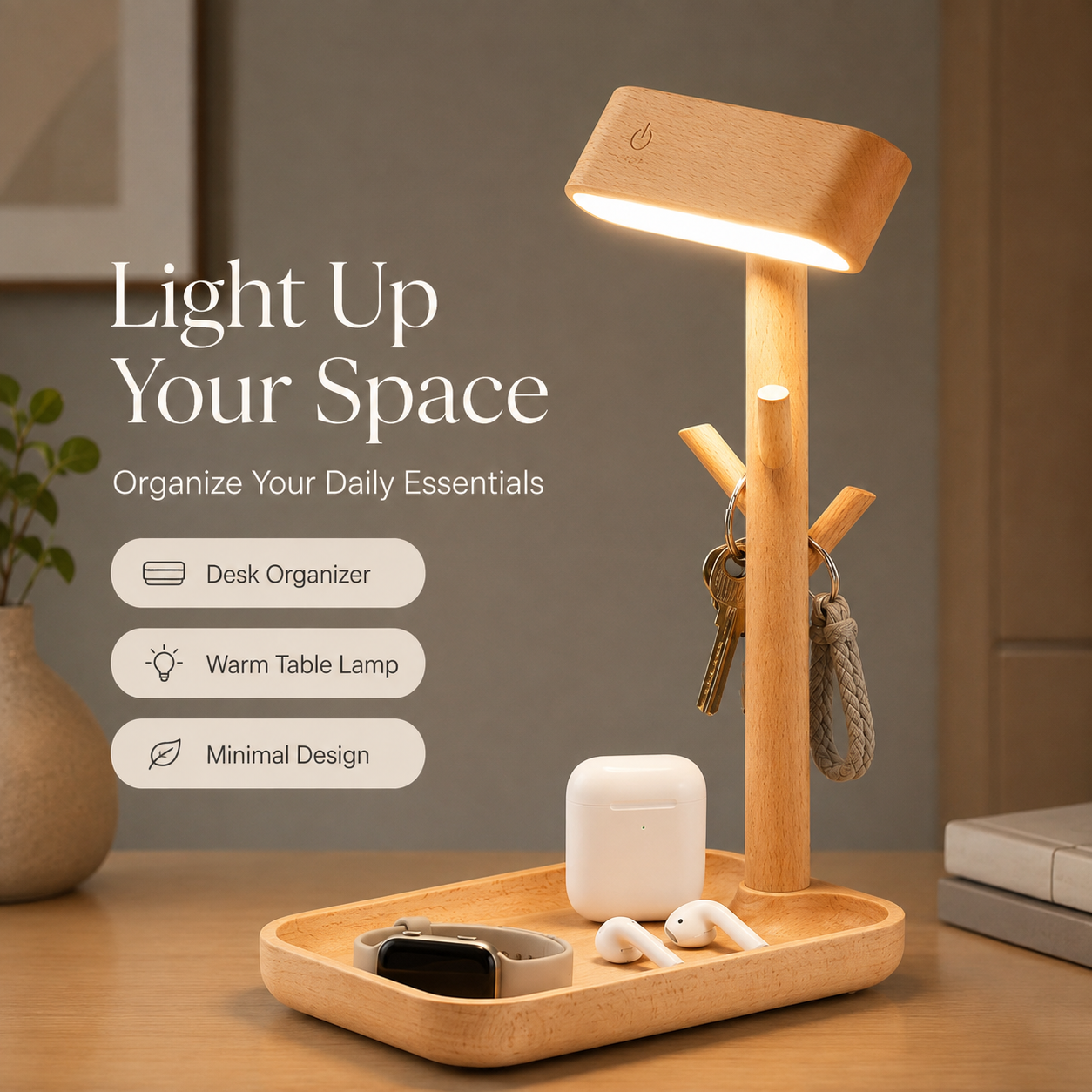 Wooden Desk Organizer Lamp