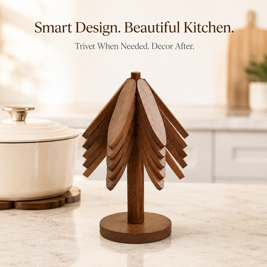 🌲 Tree-Shaped Foldable Trivet Set – 3 Heat-Protecting Pot Mats + Decorative Storage Base