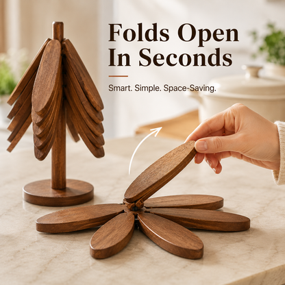 🌲 Tree-Shaped Foldable Trivet Set – 3 Heat-Protecting Pot Mats + Decorative Storage Base