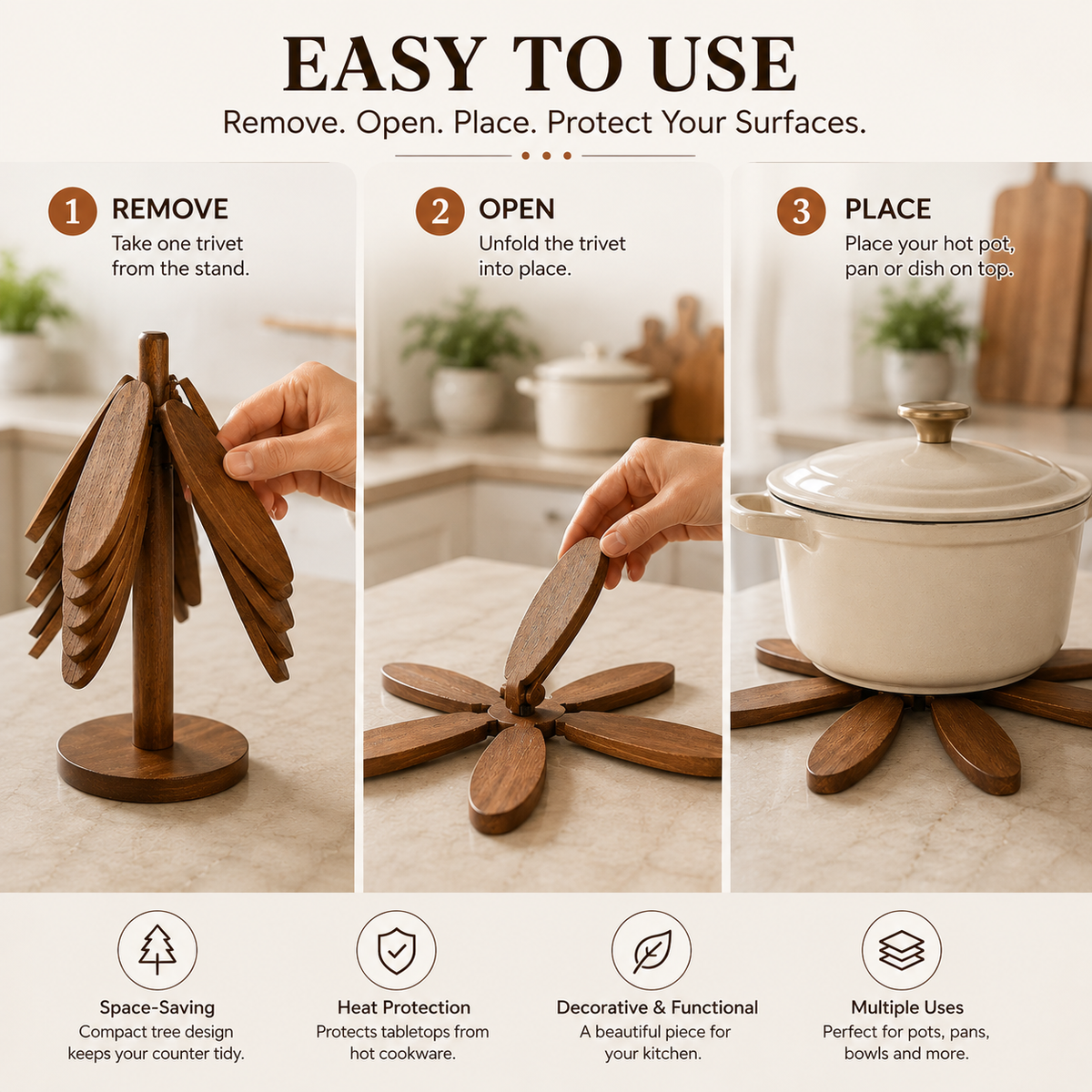 🌲 Tree-Shaped Foldable Trivet Set – 3 Heat-Protecting Pot Mats + Decorative Storage Base