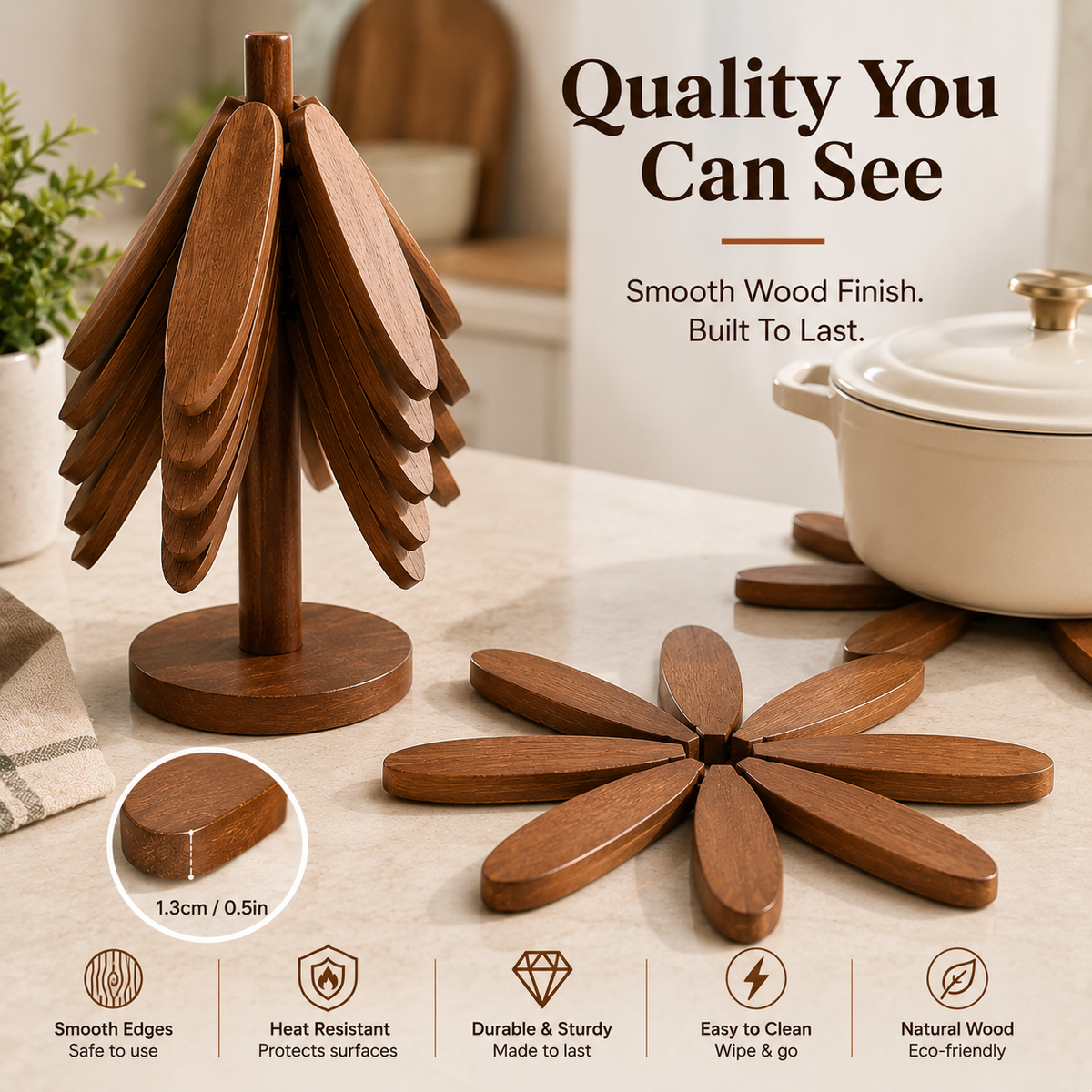 🌲 Tree-Shaped Foldable Trivet Set – 3 Heat-Protecting Pot Mats + Decorative Storage Base