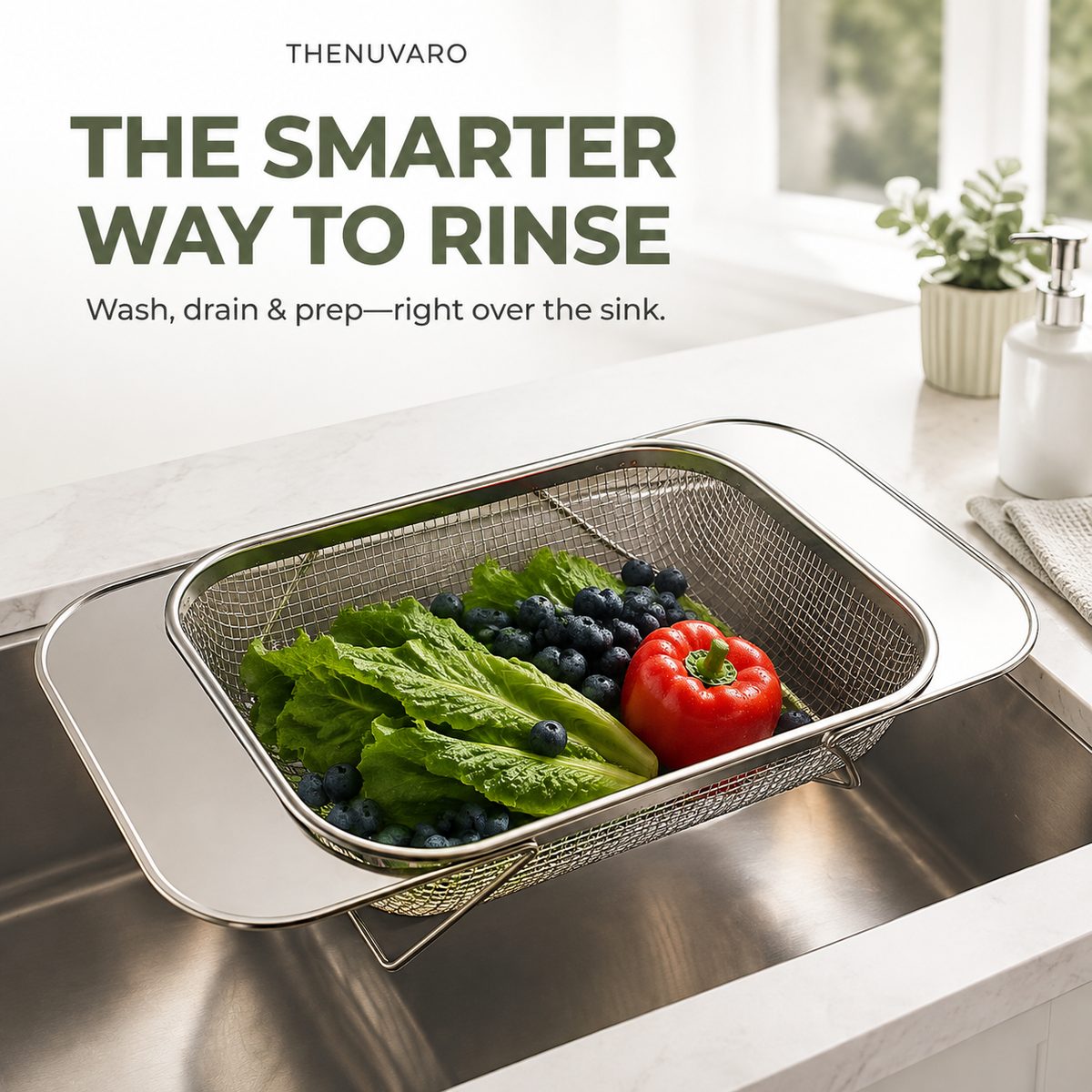 🥬 Collapsible Stainless Steel Over-the-Sink Colander & Drying Basket