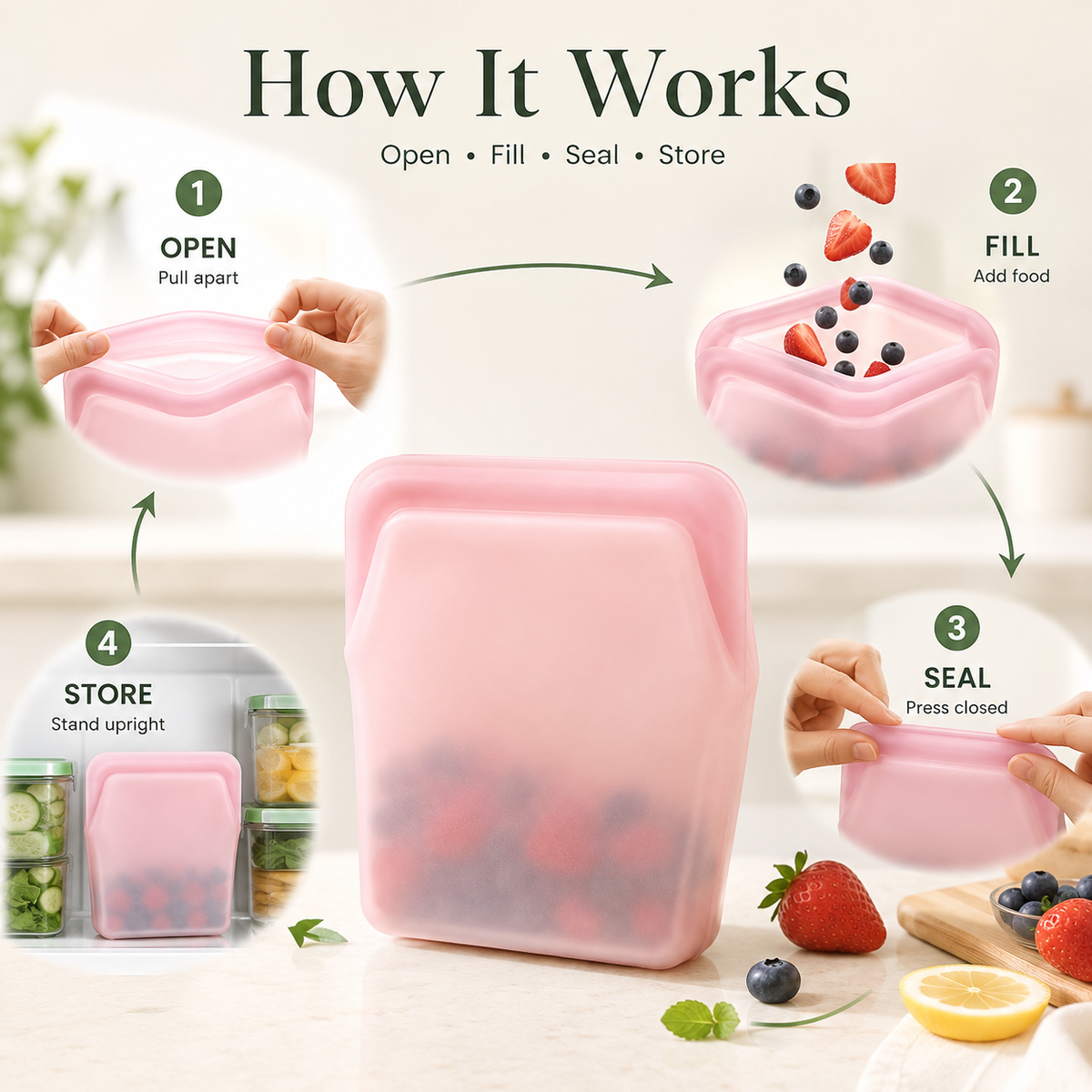 🥑5pcs Reusable Stand-Up Food Storage Bags