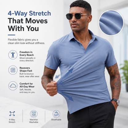 💪 Men's Stretch Slim Fit Short Sleeve Shirt – Button-Down Casual Style