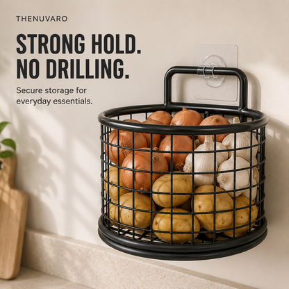 🧺 No-Drill Wall-Mounted Wire Storage Basket – Kitchen & Pantry Organizer