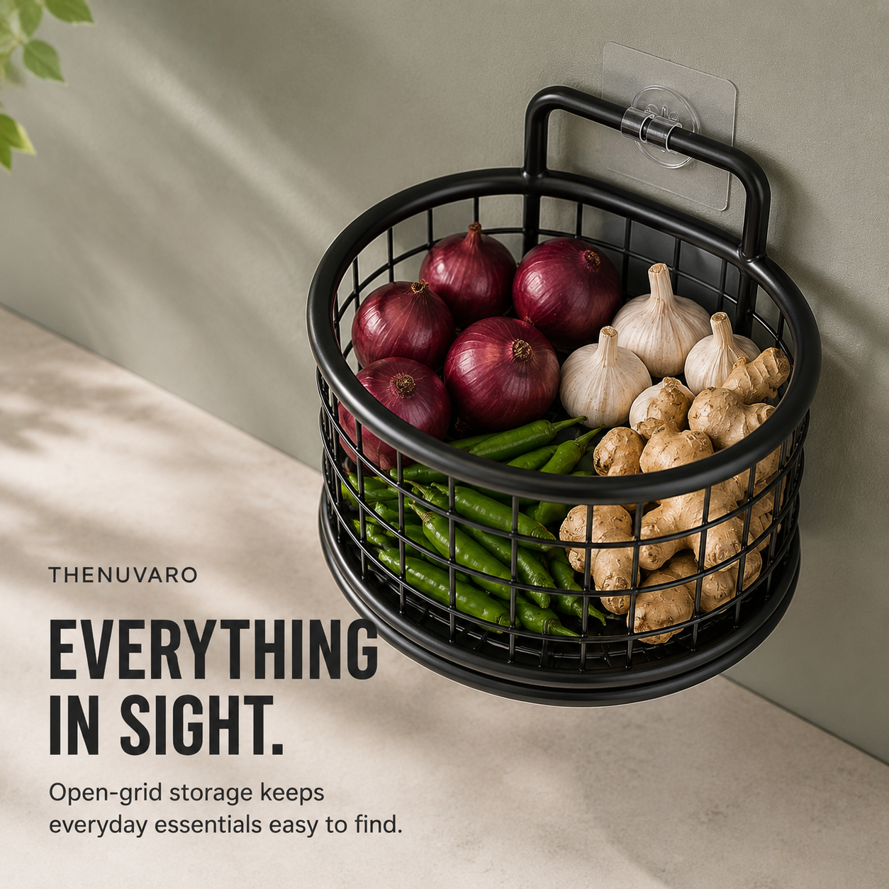 🧺 No-Drill Wall-Mounted Wire Storage Basket – Kitchen & Pantry Organizer