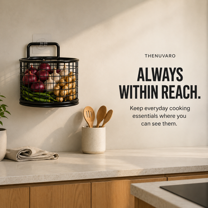 🧺 No-Drill Wall-Mounted Wire Storage Basket – Kitchen & Pantry Organizer