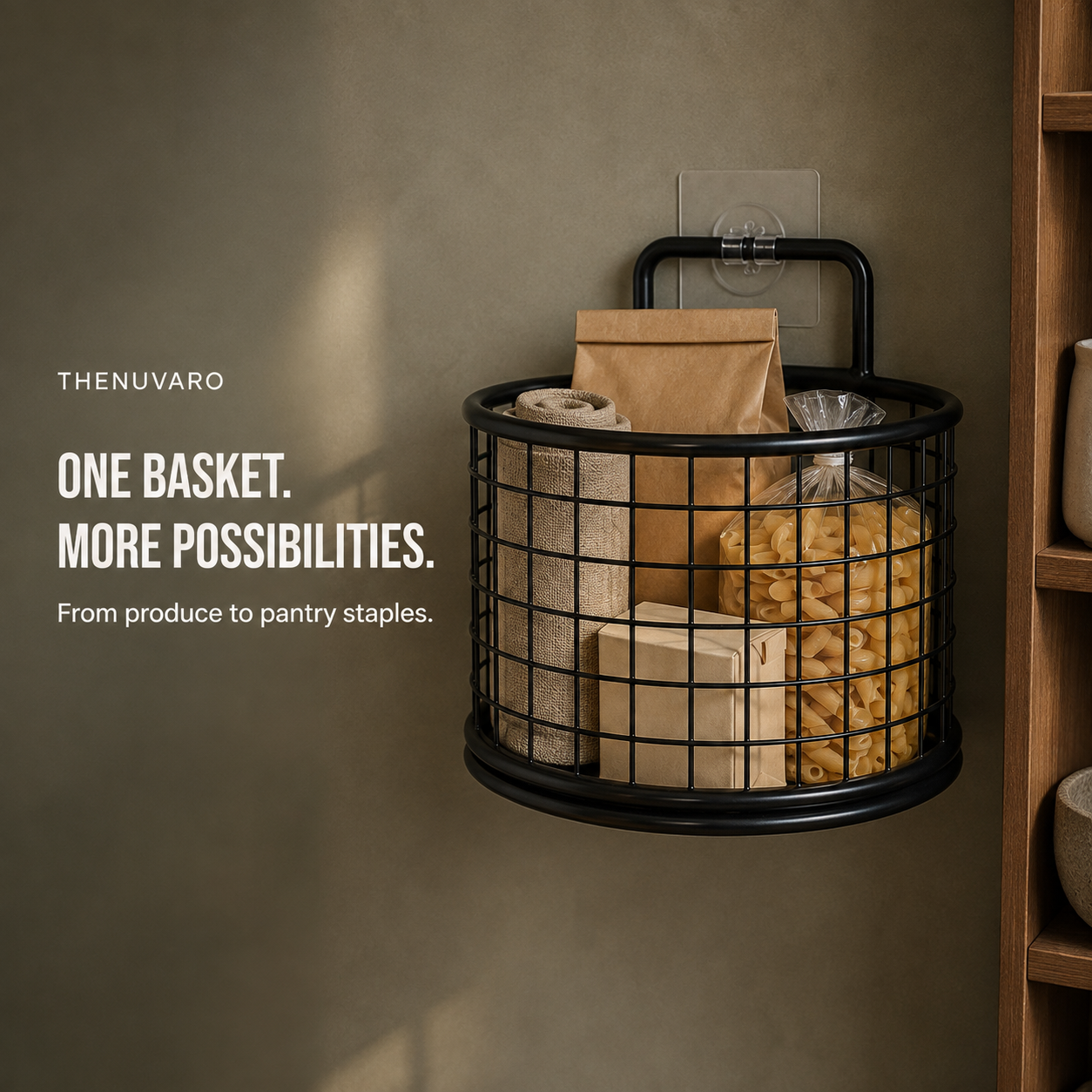 🧺 No-Drill Wall-Mounted Wire Storage Basket – Kitchen & Pantry Organizer