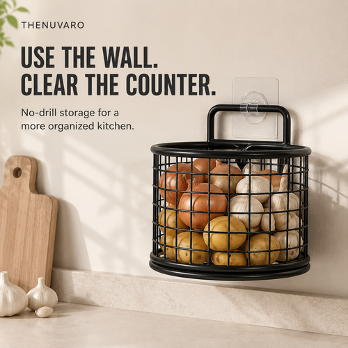 🧺 No-Drill Wall-Mounted Wire Storage Basket – Kitchen & Pantry Organizer