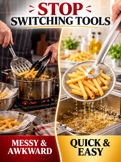 🍳 Kitchen Deal – 2-in-1 Frying Strainer Tongs 🥢 Stainless Steel Skimmer for Easy Oil Draining & Serving 🍤