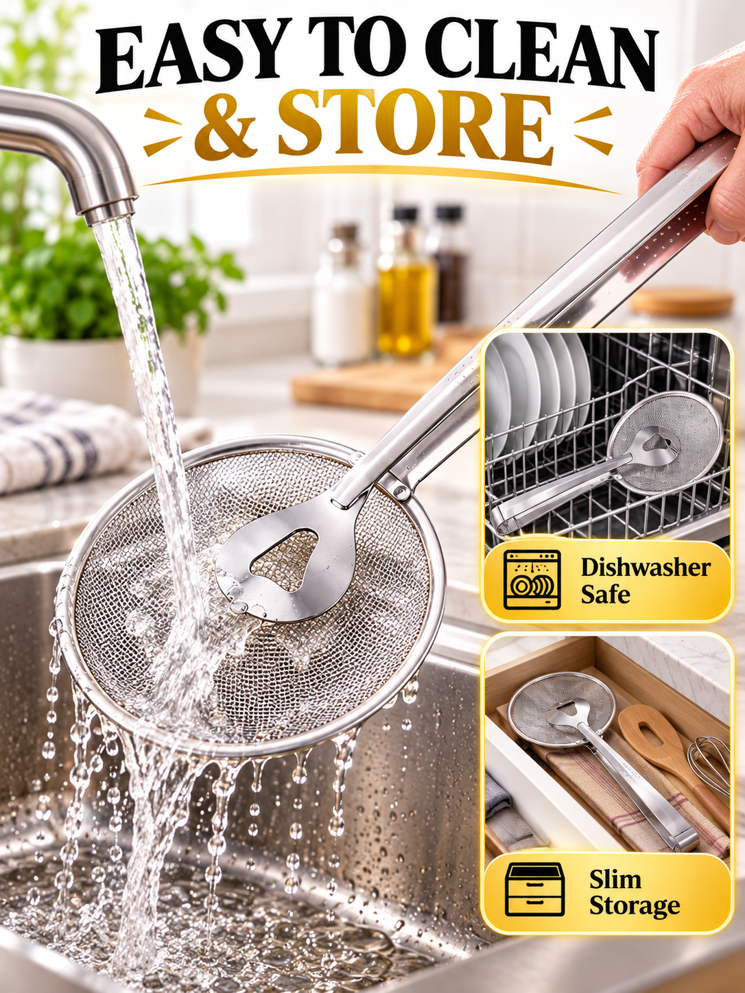 🍳 Kitchen Deal – 2-in-1 Frying Strainer Tongs 🥢 Stainless Steel Skimmer for Easy Oil Draining & Serving 🍤