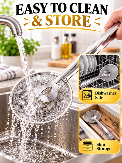 🍳 Kitchen Deal – 2-in-1 Frying Strainer Tongs 🥢 Stainless Steel Skimmer for Easy Oil Draining & Serving 🍤