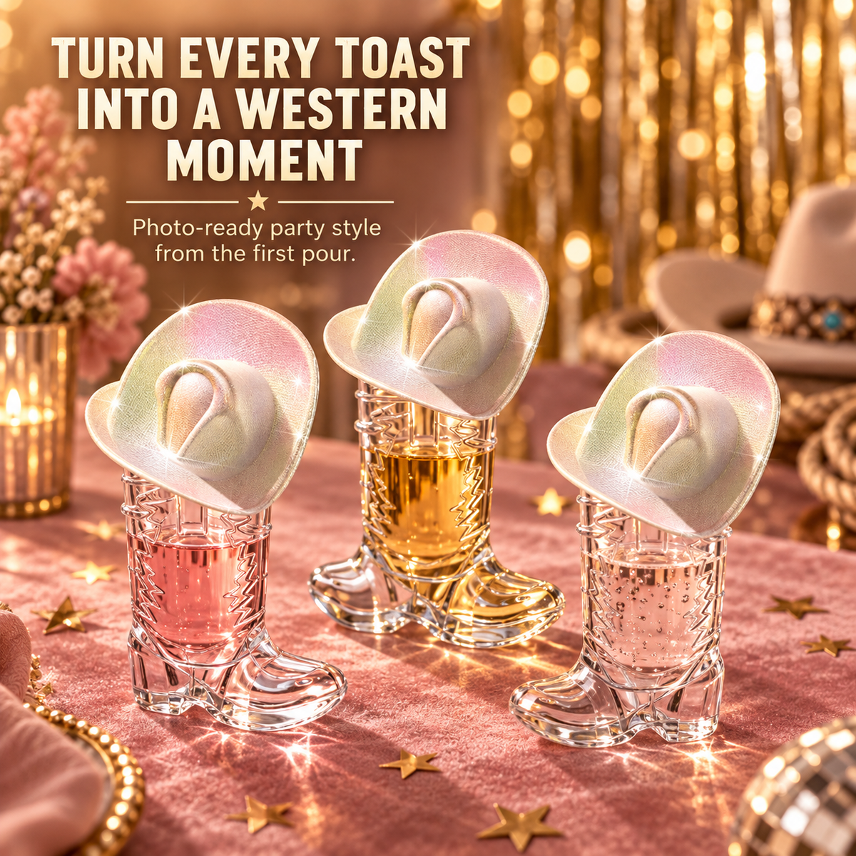 🤠 10-Pack Cowboy Boot Shot Cups with Iridescent Hats – Western Party Set