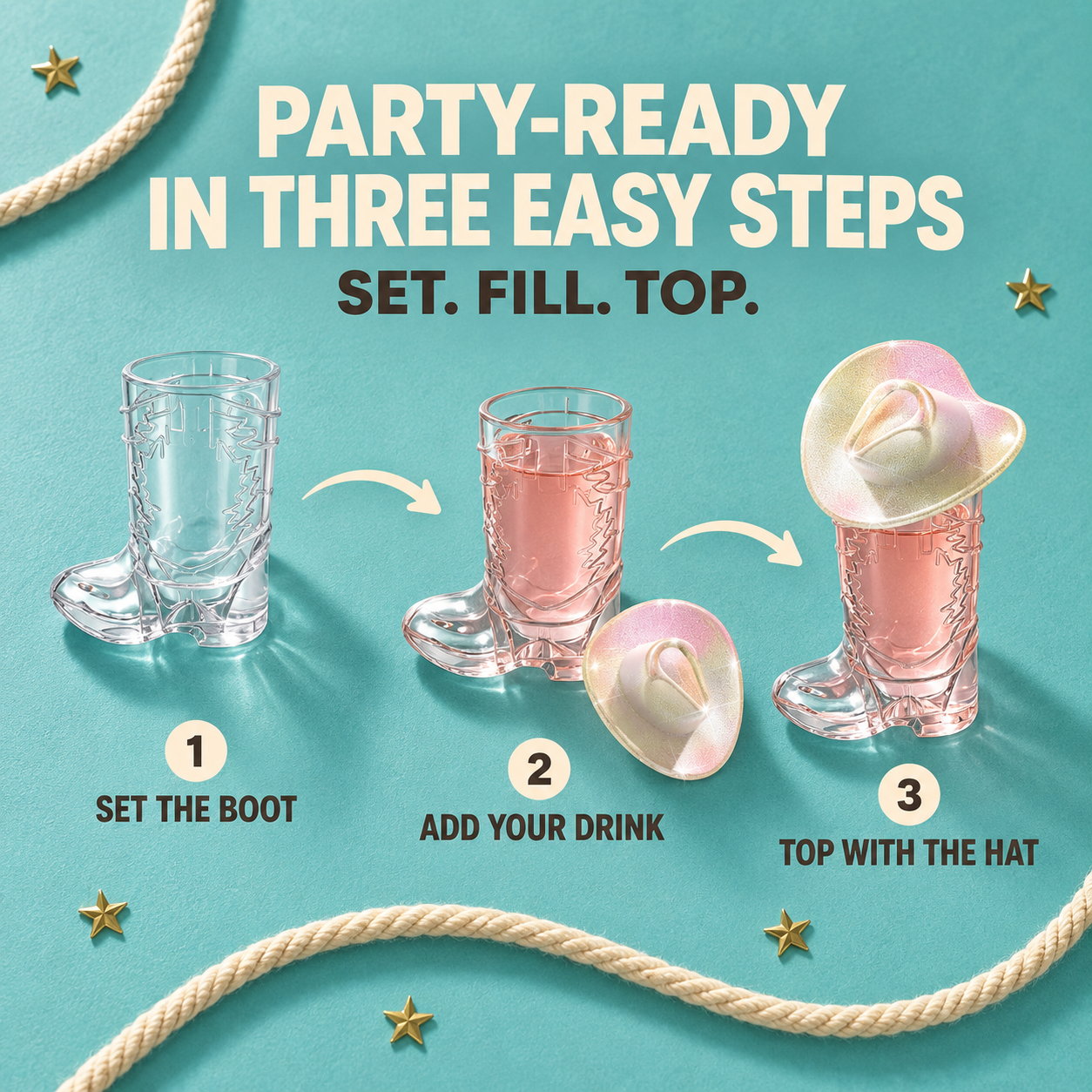 🤠 10-Pack Cowboy Boot Shot Cups with Iridescent Hats – Western Party Set