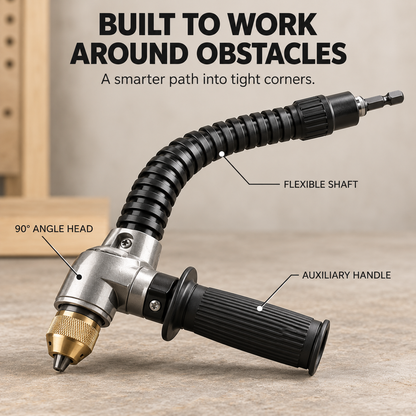 🔧 90° Flexible Right-Angle Drill Attachment — Reach Tight Spaces With Your Existing Drill