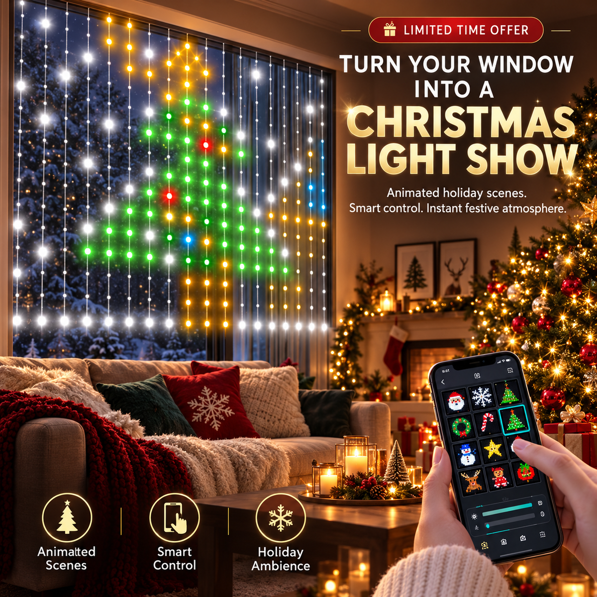 ✨ Smart LED Curtain Lights – Animated Holiday Display with App Control & Music Sync