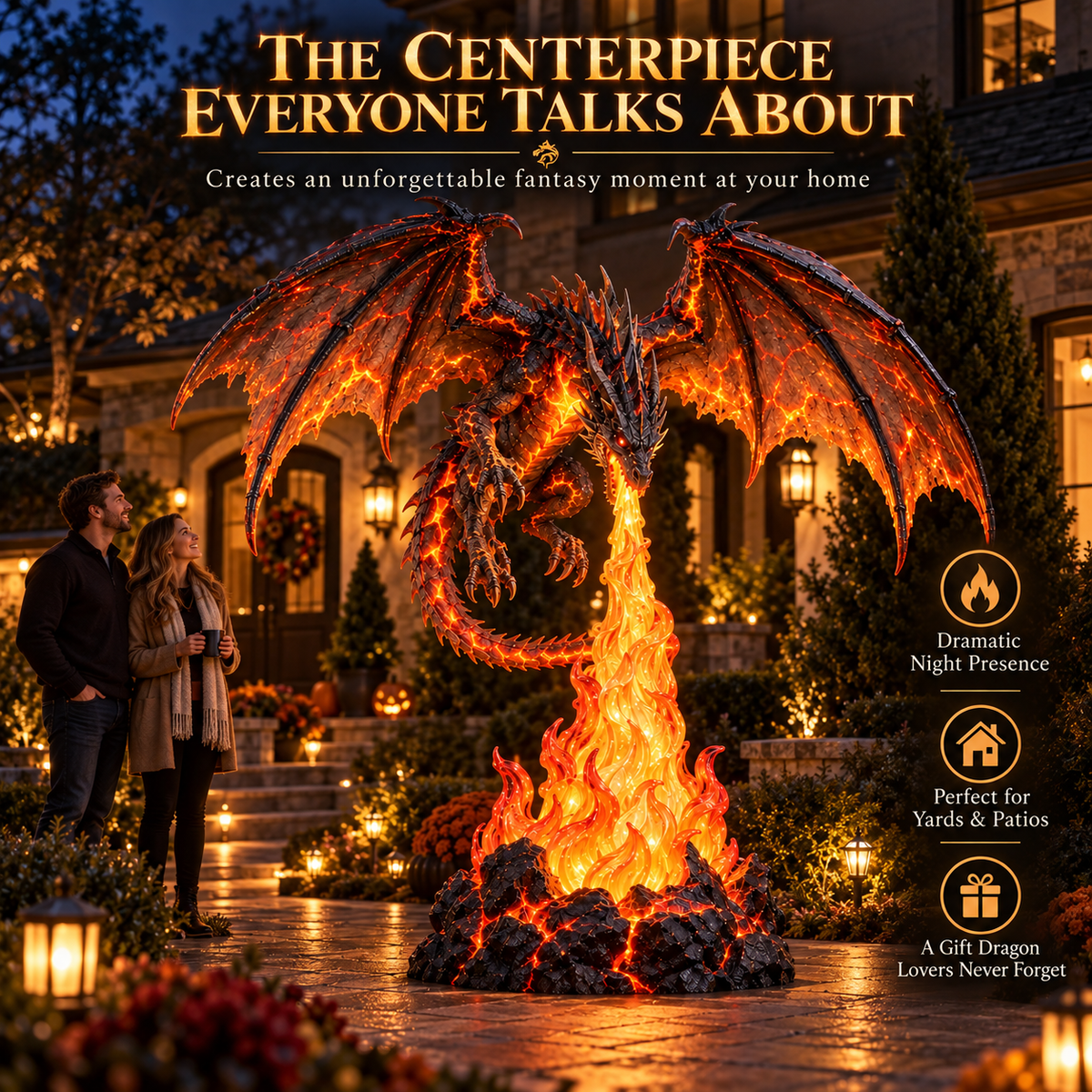 🐉🔥 Fire-Breathing Dragon Lighted Statue | Molten Lava Fantasy Outdoor Décor, Gothic Garden Display & Dragon Lover Gift