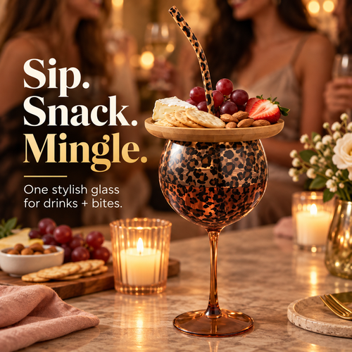 🍷 2-in-1 Wine Glass & Charcuterie Board Set! 🐆 Leopard Print Glass with Bamboo Snack Lid & Straw 🧀
