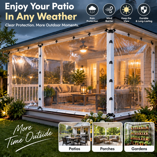 🌧️ Transparent Patio Cover Tarp – Create An All-Weather Outdoor Space With Clear Rain & Wind Protection