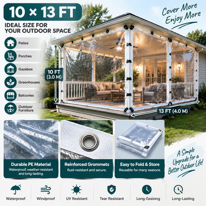 🌧️ Transparent Patio Cover Tarp – Create An All-Weather Outdoor Space With Clear Rain & Wind Protection