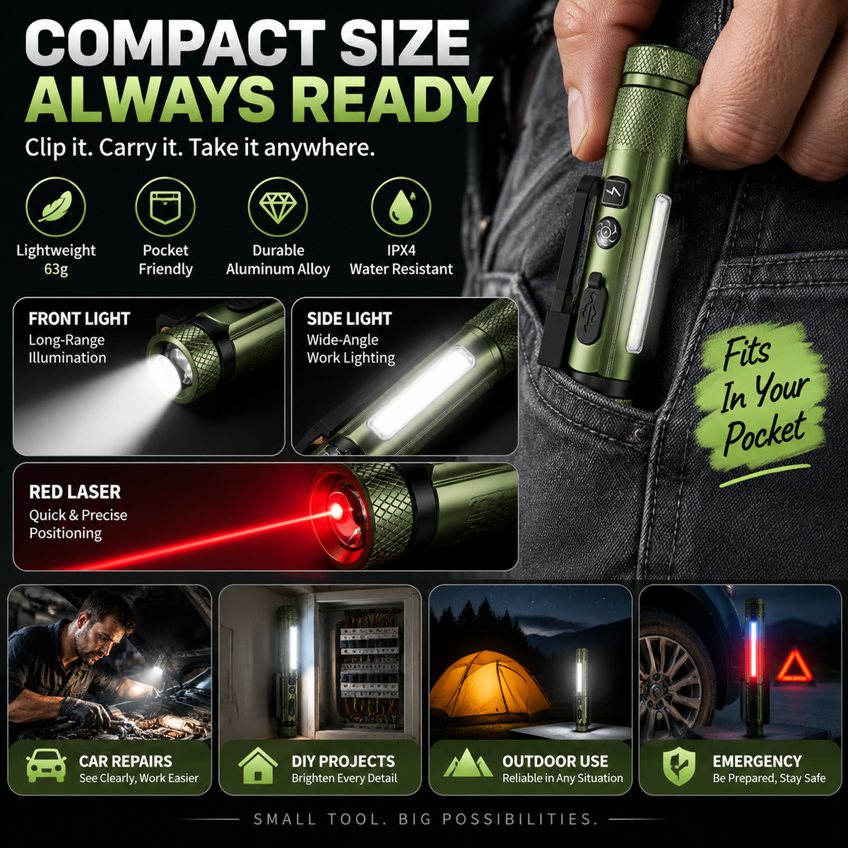 🔦 Rechargeable Magnetic Pen Work Light – 11 Modes LED Inspection Flashlight With Laser Pointer