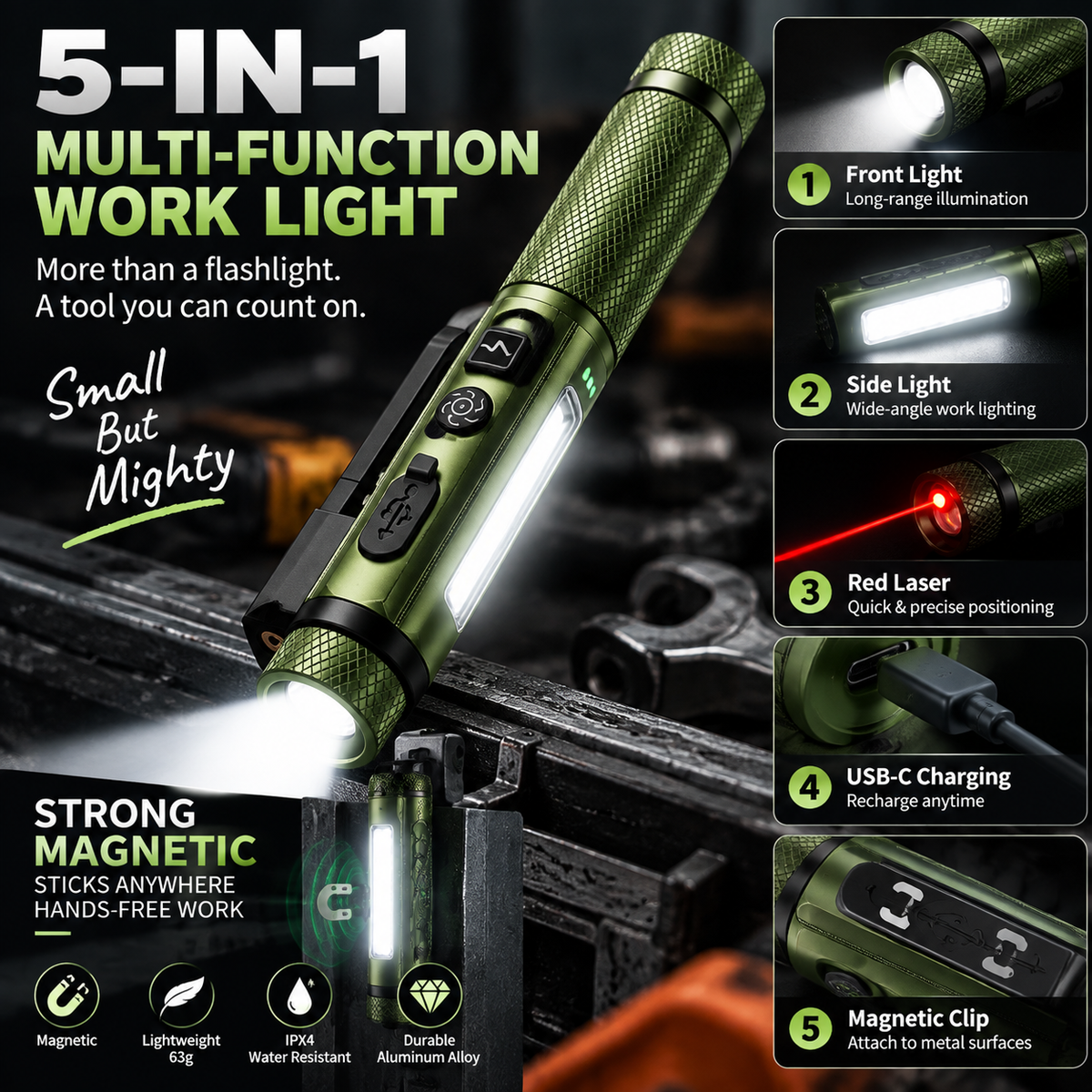 🔦 Rechargeable Magnetic Pen Work Light – 11 Modes LED Inspection Flashlight With Laser Pointer
