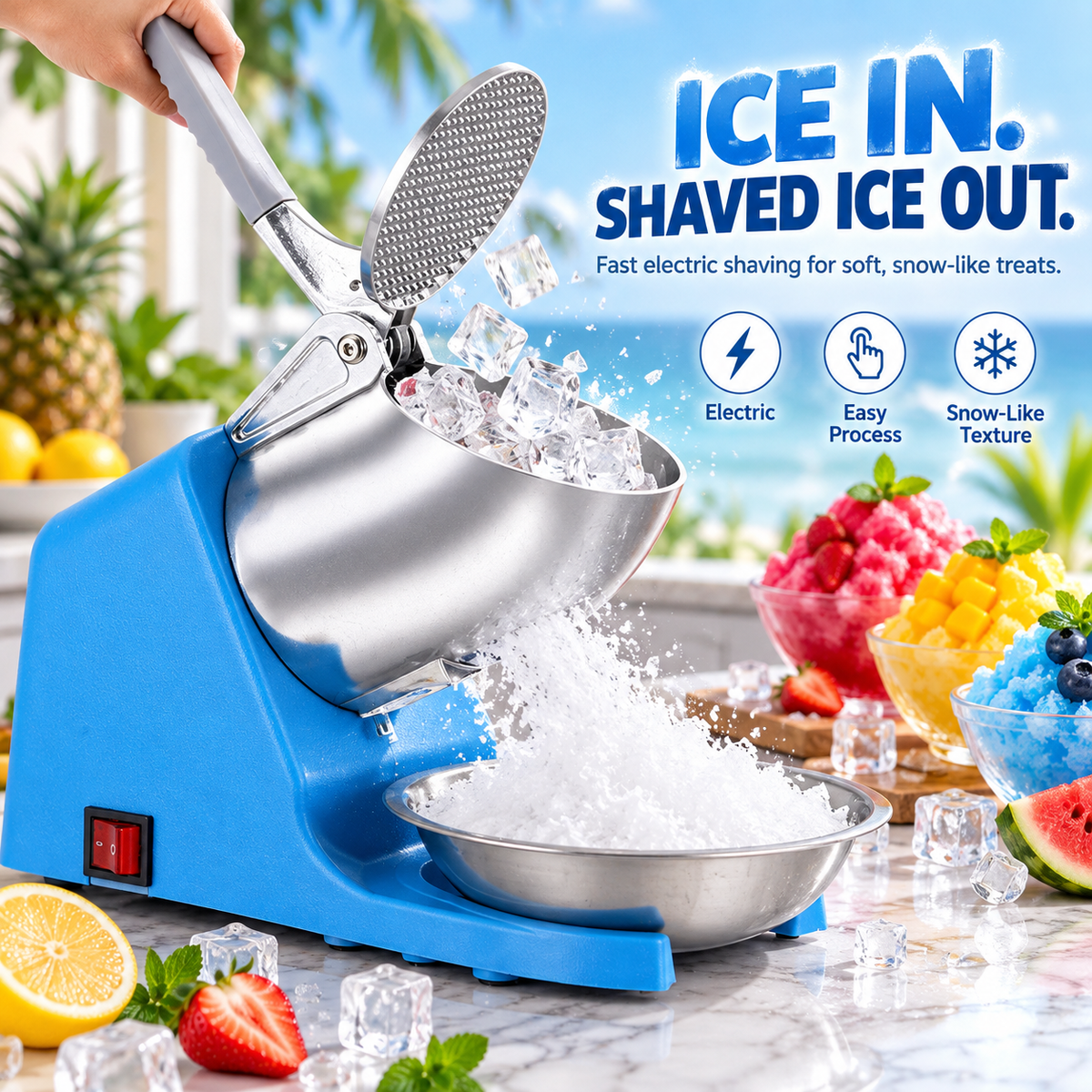 🍧 Electric Snow Cone & Shaved Ice Maker – 4 Blade Options for Fine to Coarse Ice
