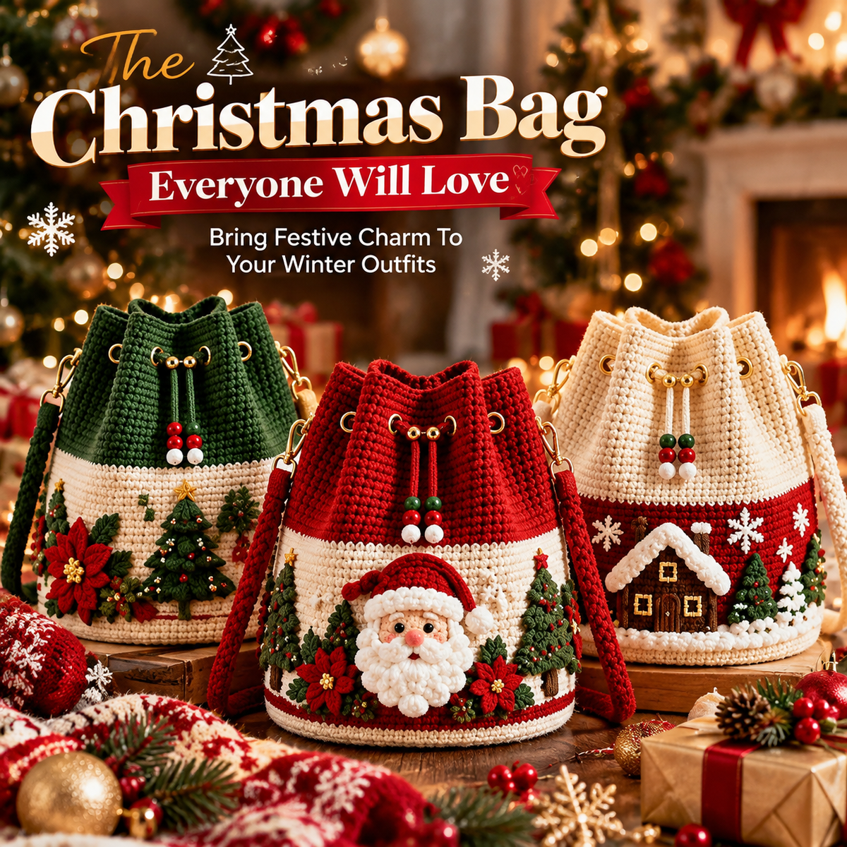 🎄 Christmas Crochet-Style Bucket Bag — Festive Charm for Every Outfit & a Thoughtful Gift for Her 🎁