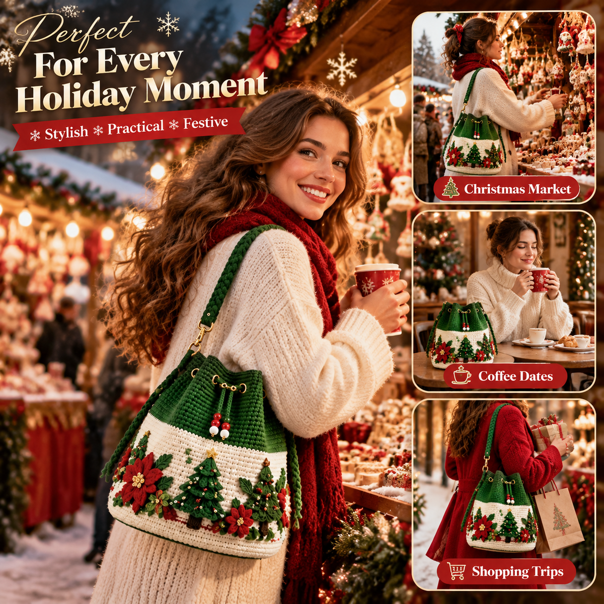 🎄 Christmas Crochet-Style Bucket Bag — Festive Charm for Every Outfit & a Thoughtful Gift for Her 🎁