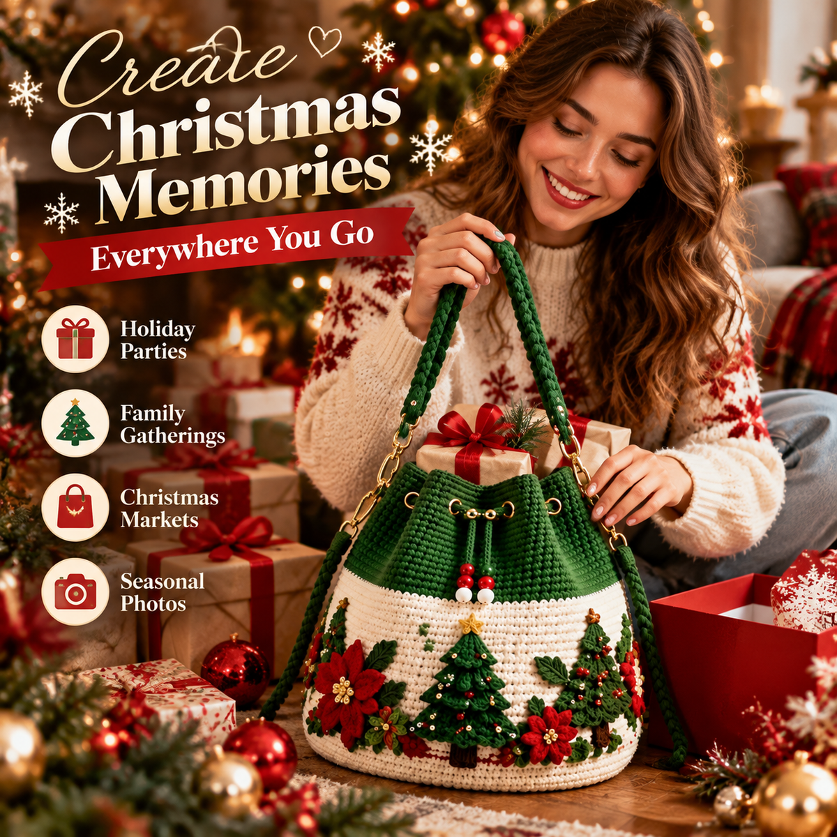 🎄 Christmas Crochet-Style Bucket Bag — Festive Charm for Every Outfit & a Thoughtful Gift for Her 🎁