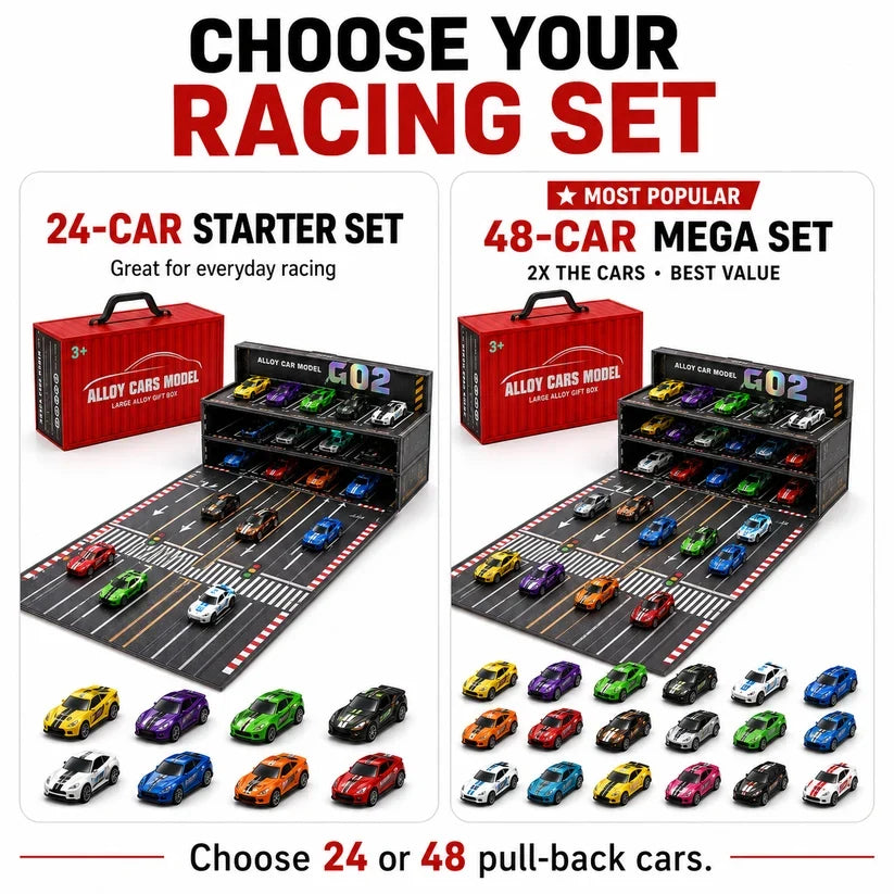🏎️ 24/48-Car Fold-Out Racing Garage Set – Pull-Back Cars, Light-Up Parking & Portable Track !!!🎁