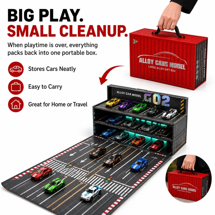 🏎️ 24/48-Car Fold-Out Racing Garage Set – Pull-Back Cars, Light-Up Parking & Portable Track !!!🎁