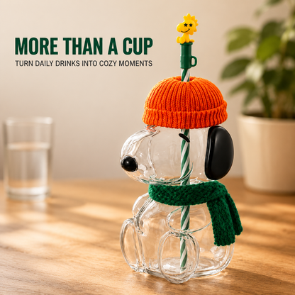🍂 Cozy Beagle-Shaped Glass Cold Cup with Straw & Knit Accents-Shaped Glass Cold Cup with Straw & Cozy Fall Knit Accents