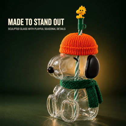 🍂 Cozy Beagle-Shaped Glass Cold Cup with Straw & Knit Accents-Shaped Glass Cold Cup with Straw & Cozy Fall Knit Accents
