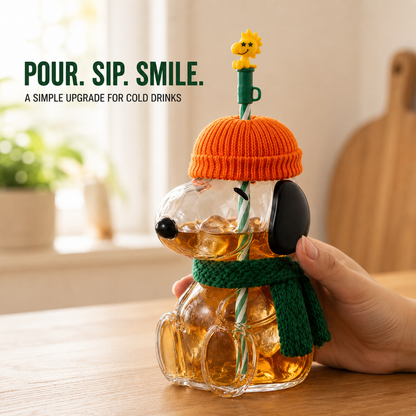 🍂 Cozy Beagle-Shaped Glass Cold Cup with Straw & Knit Accents-Shaped Glass Cold Cup with Straw & Cozy Fall Knit Accents