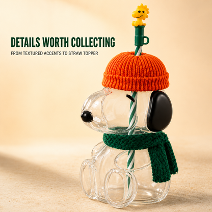 🍂 Cozy Beagle-Shaped Glass Cold Cup with Straw & Knit Accents-Shaped Glass Cold Cup with Straw & Cozy Fall Knit Accents