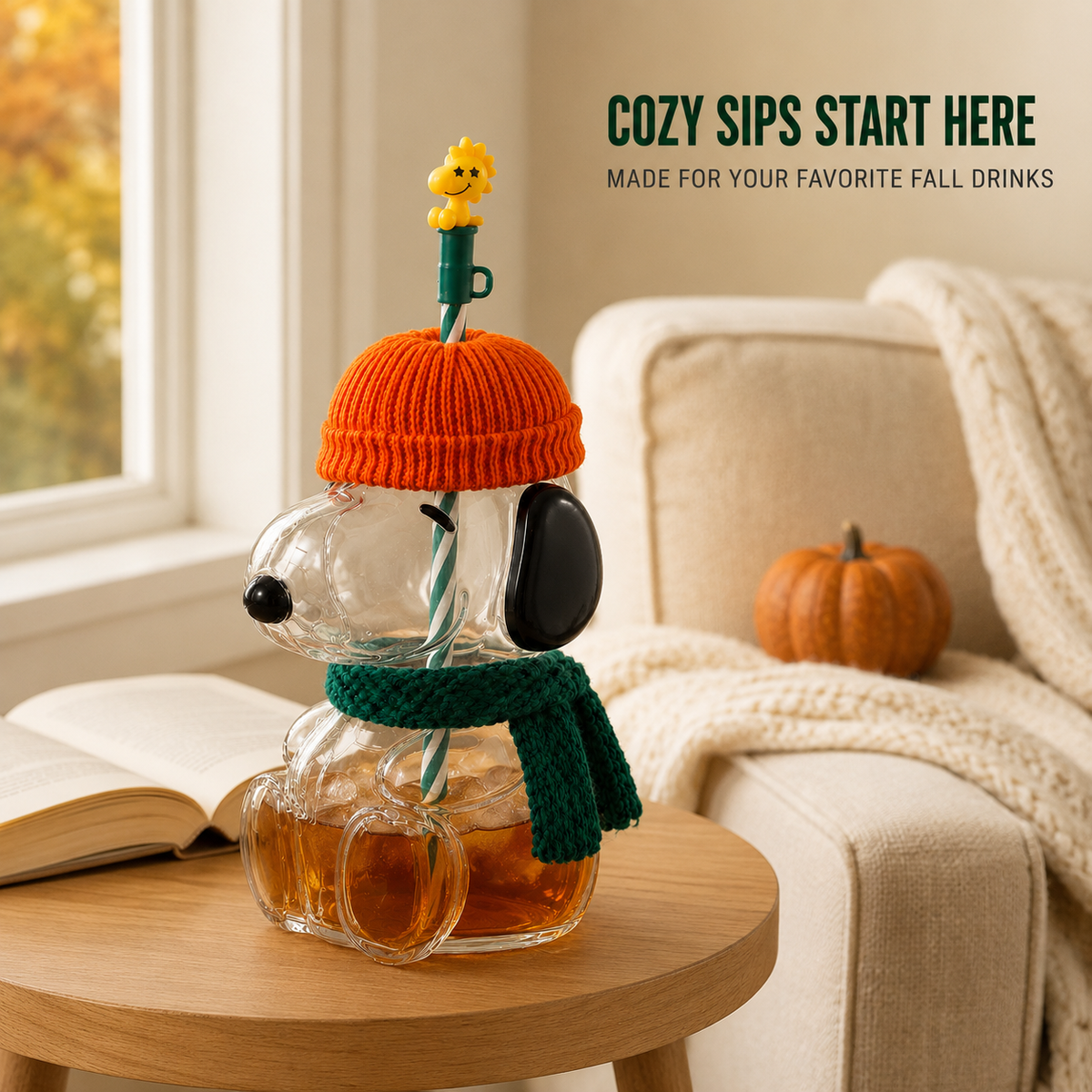 🍂 Cozy Beagle-Shaped Glass Cold Cup with Straw & Knit Accents-Shaped Glass Cold Cup with Straw & Cozy Fall Knit Accents