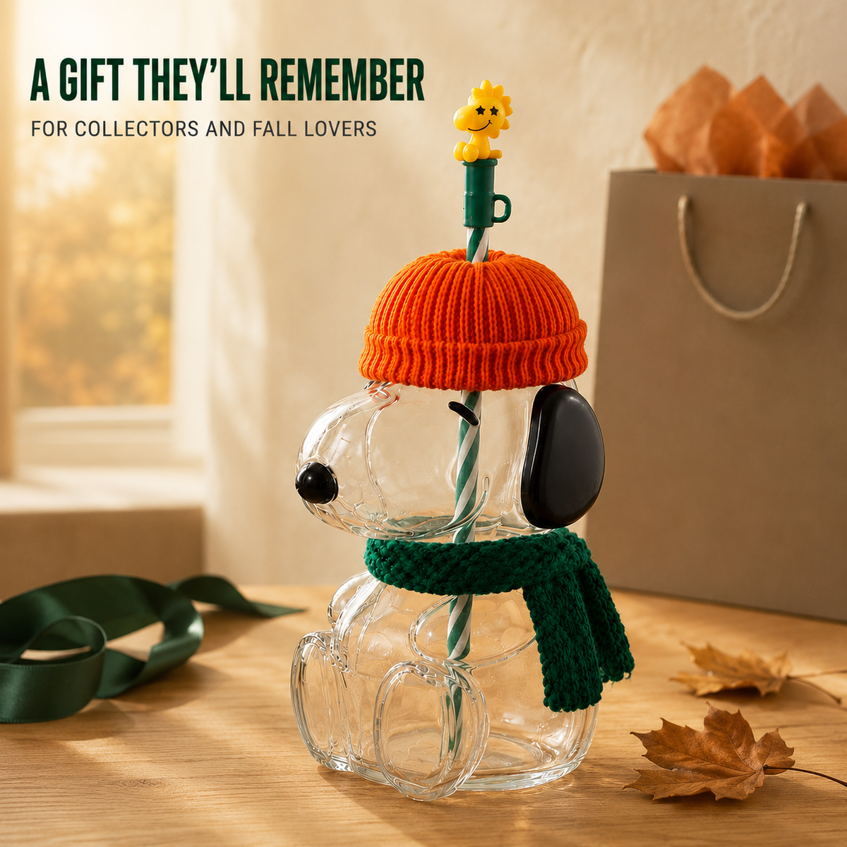 🍂 Cozy Beagle-Shaped Glass Cold Cup with Straw & Knit Accents-Shaped Glass Cold Cup with Straw & Cozy Fall Knit Accents