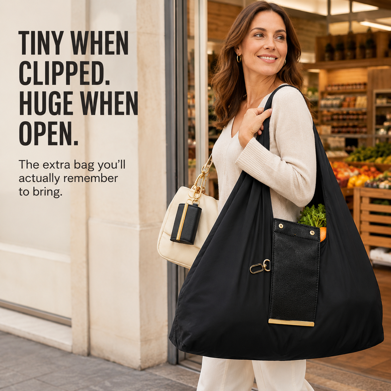 👜 Foldable Shopping Tote Bag with Clip-On Storage Case
