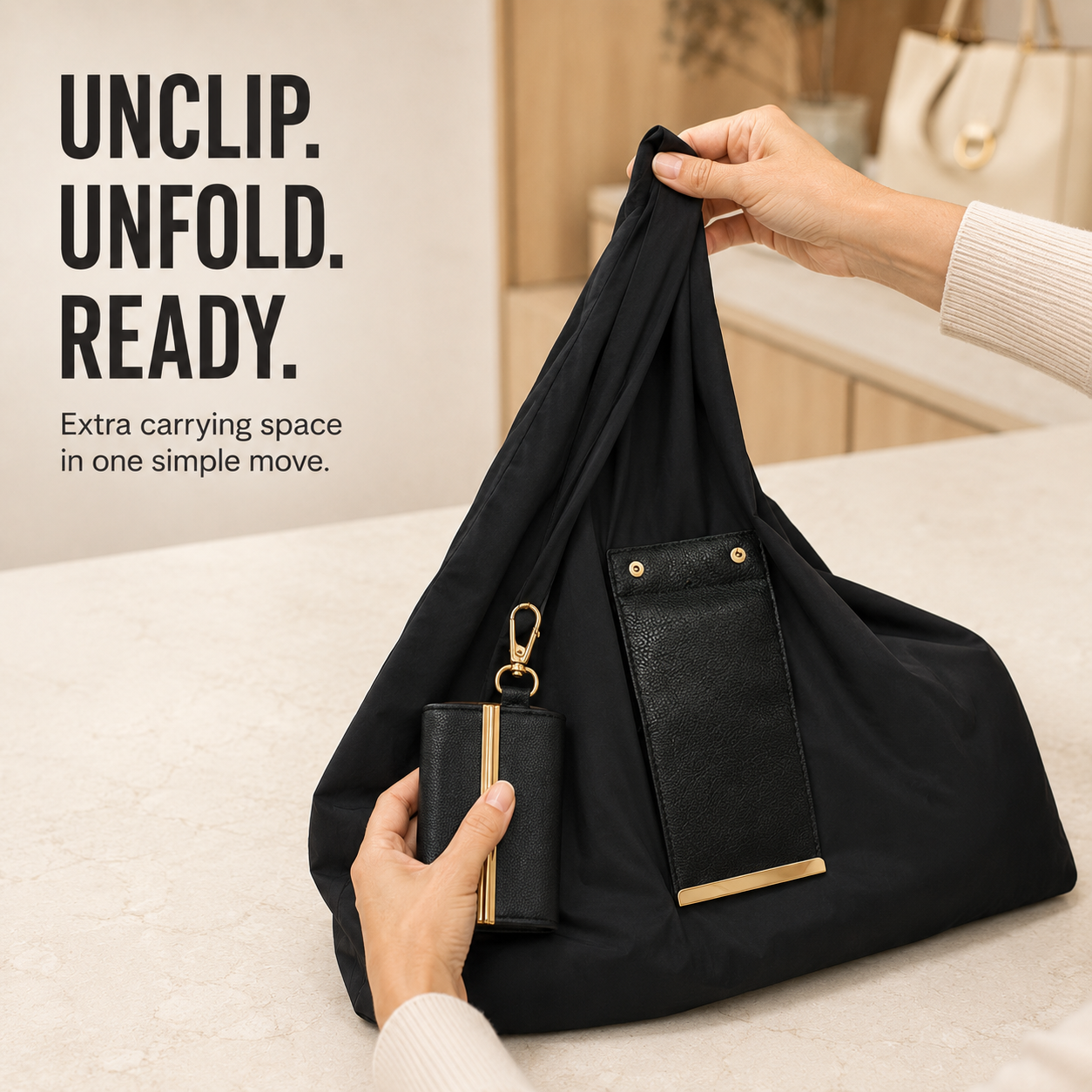 👜 Foldable Shopping Tote Bag with Clip-On Storage Case