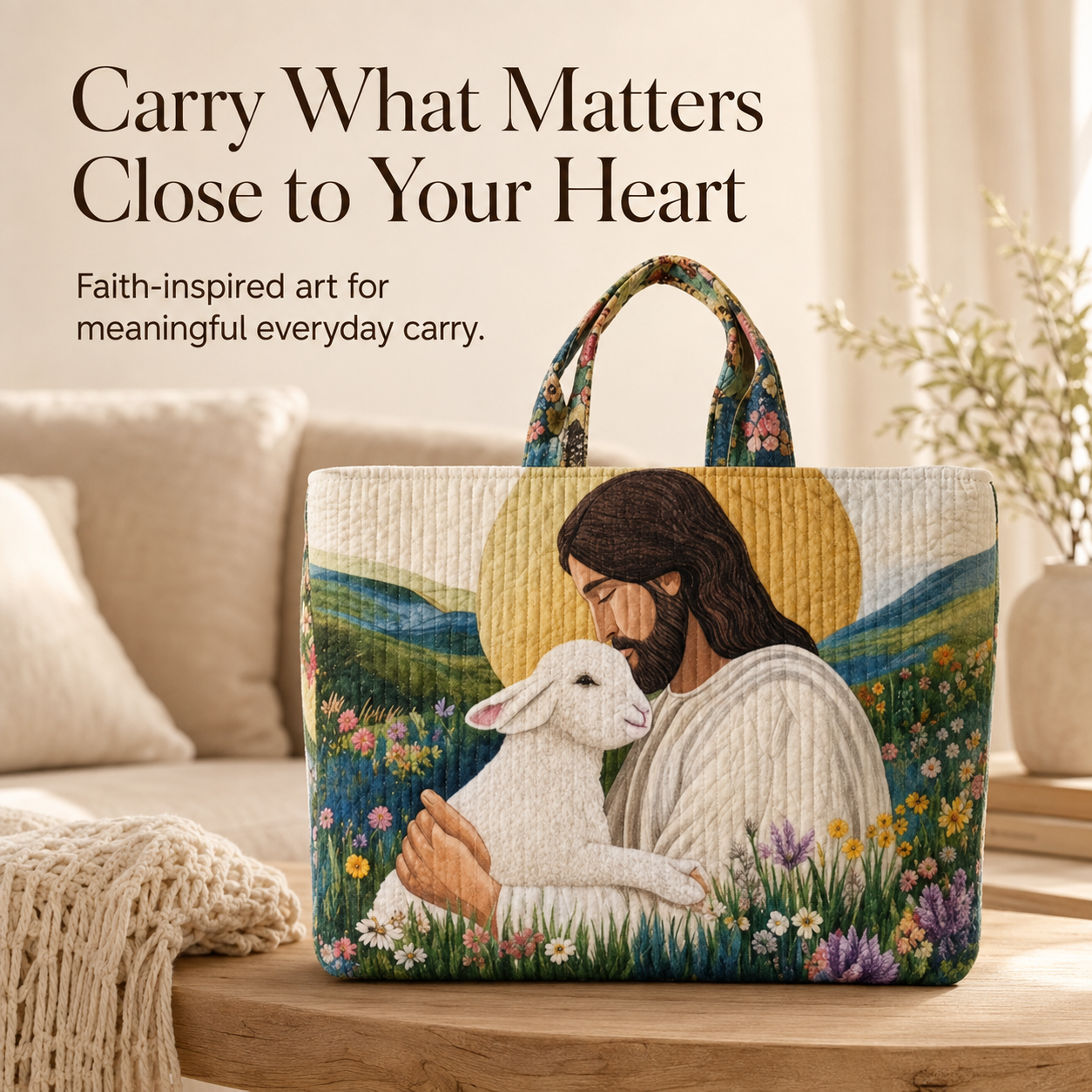 ✝️ Faith-Inspired Quilted Tote Bag – Meaningful Christian Art Carryall