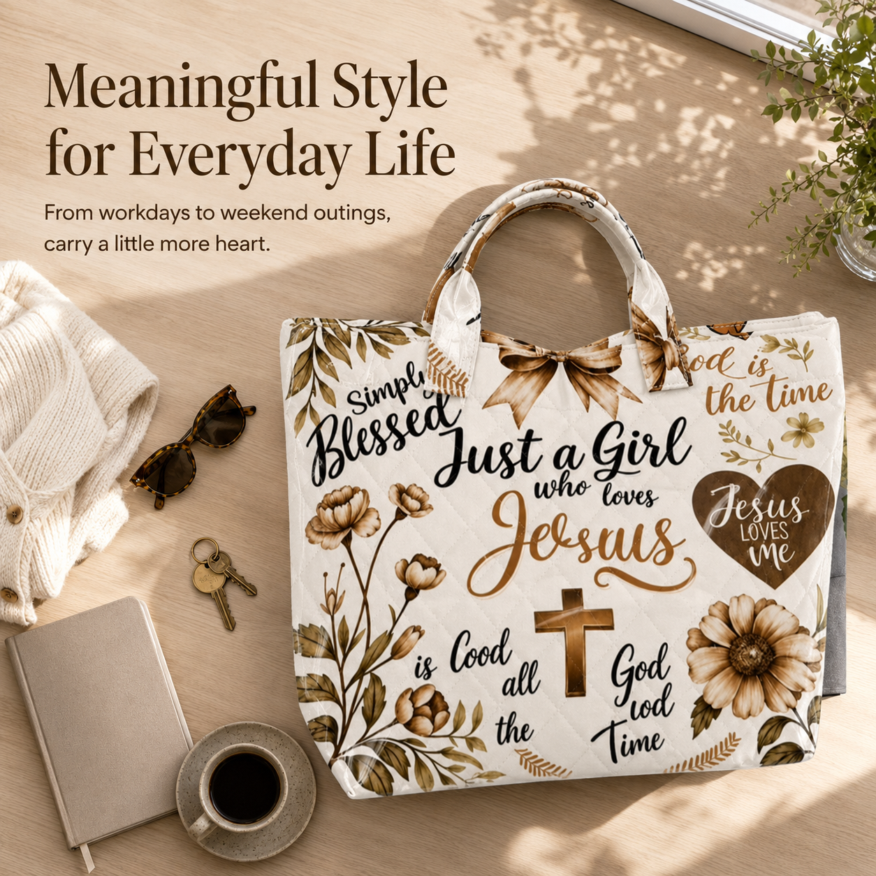 ✝️ Faith-Inspired Quilted Tote Bag – Meaningful Christian Art Carryall