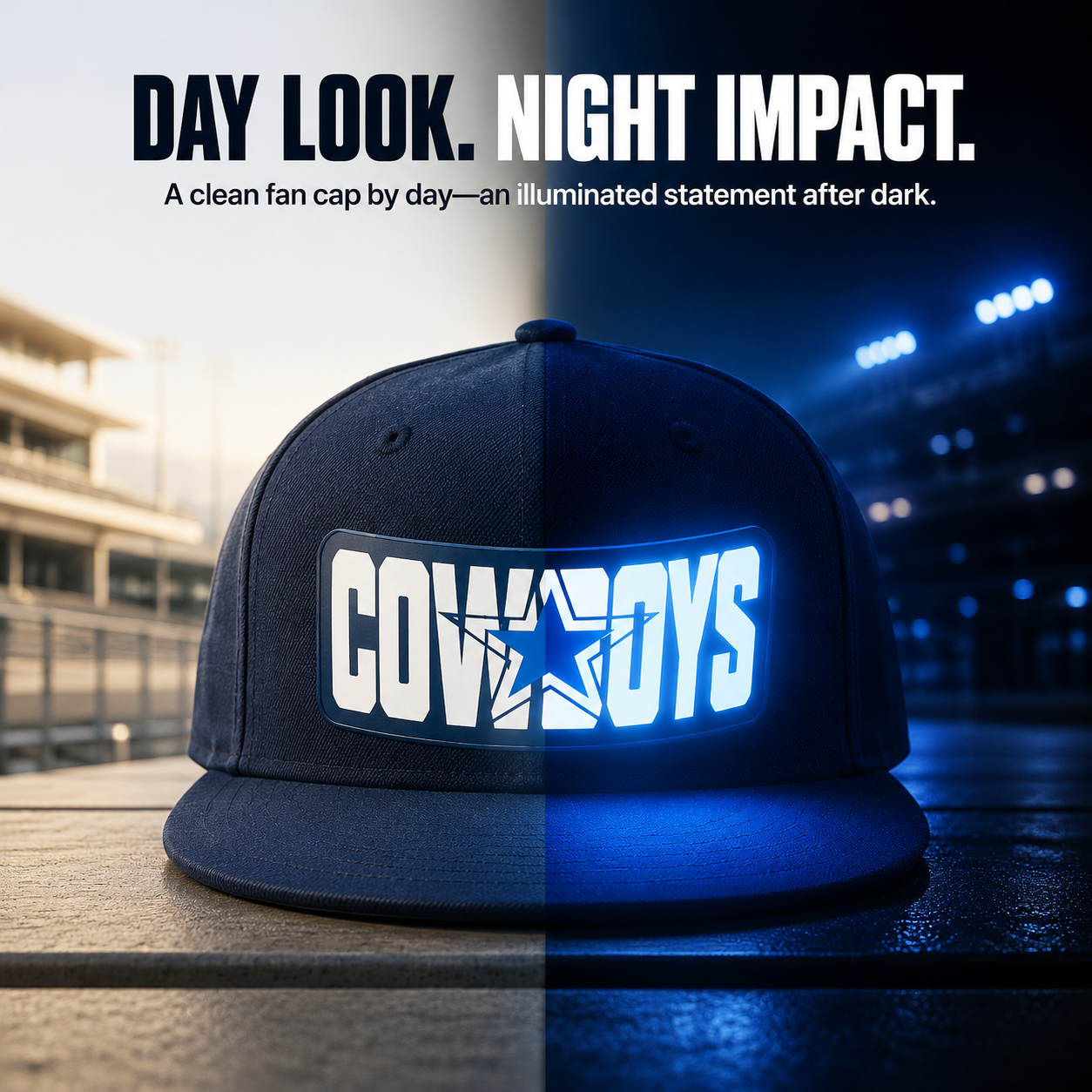 Light-Up Game Day Fan Cap – Glow Logo Flat-Brim Hat