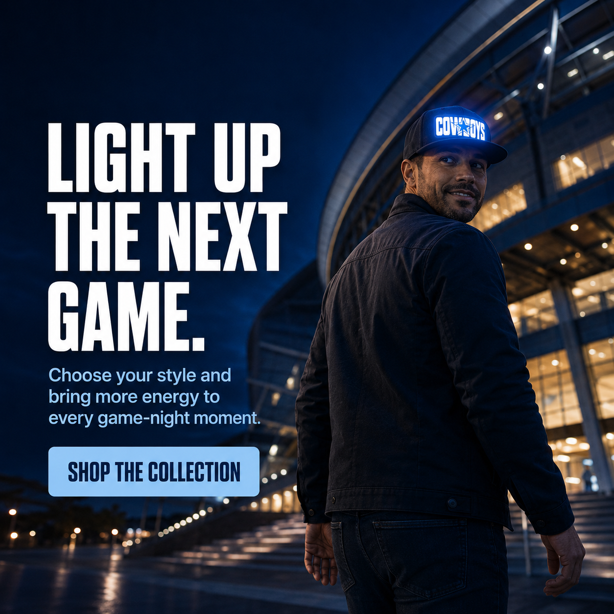 Light-Up Game Day Fan Cap – Glow Logo Flat-Brim Hat