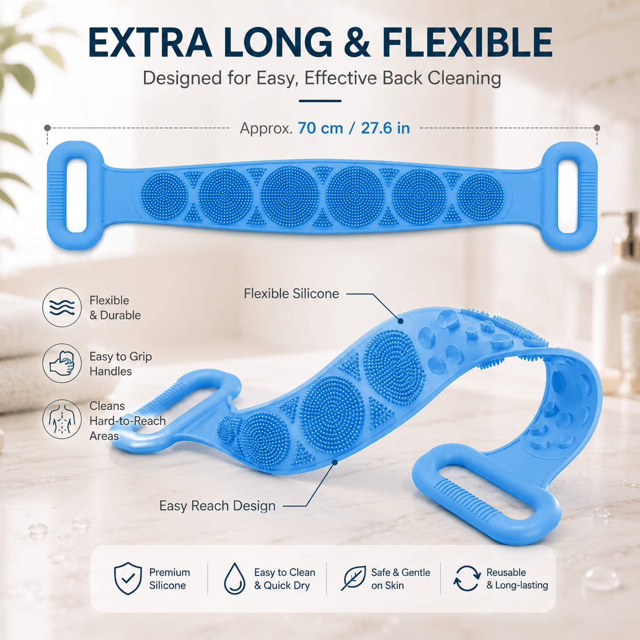 🛁 Long Handle Silicone Back Scrubber – Reach Every Inch In The Shower