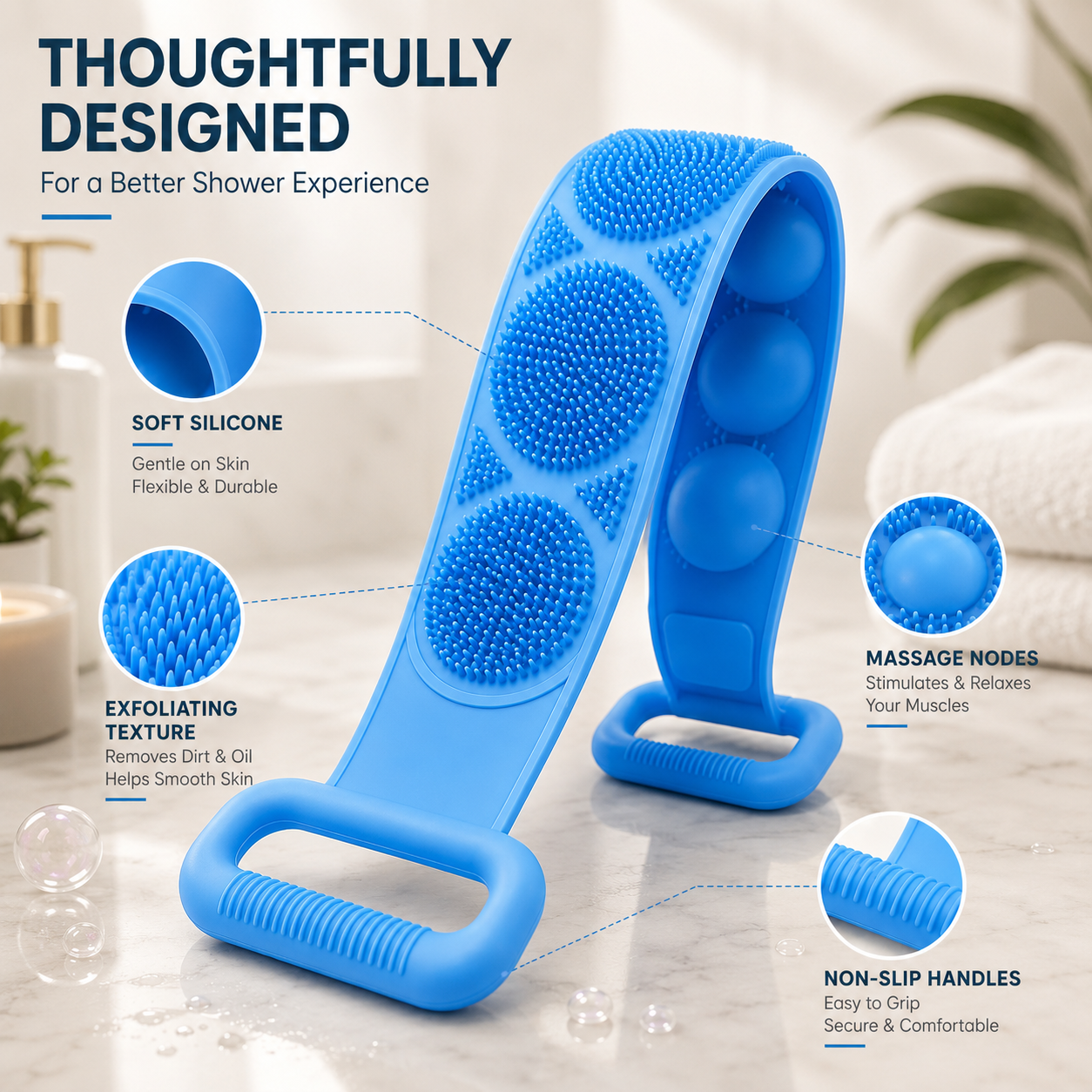 🛁 Long Handle Silicone Back Scrubber – Reach Every Inch In The Shower