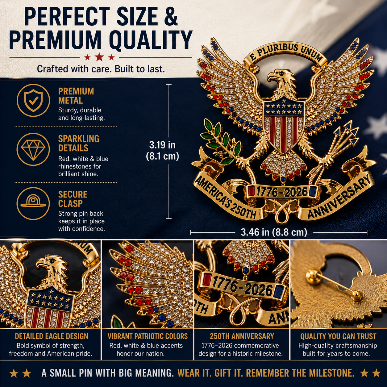 USA 250th Anniversary Eagle Pin – 1776–2026 Patriotic Collectible Keepsake